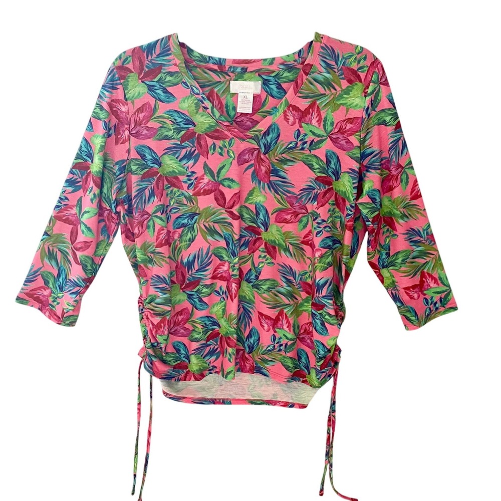 Stella Parker Pink Floral Print 3/4 Sleeve V-Neck Top XL‎